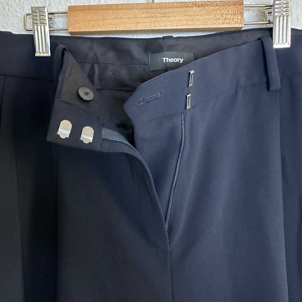 Theory Navy Blue Pleat Trouser Regent Crepe High Rise Straight Leg Pants Size 12 - Picture 4 of 8